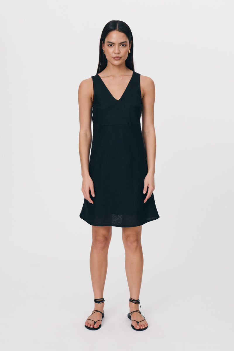 Regina Linen Mini Dress Noir