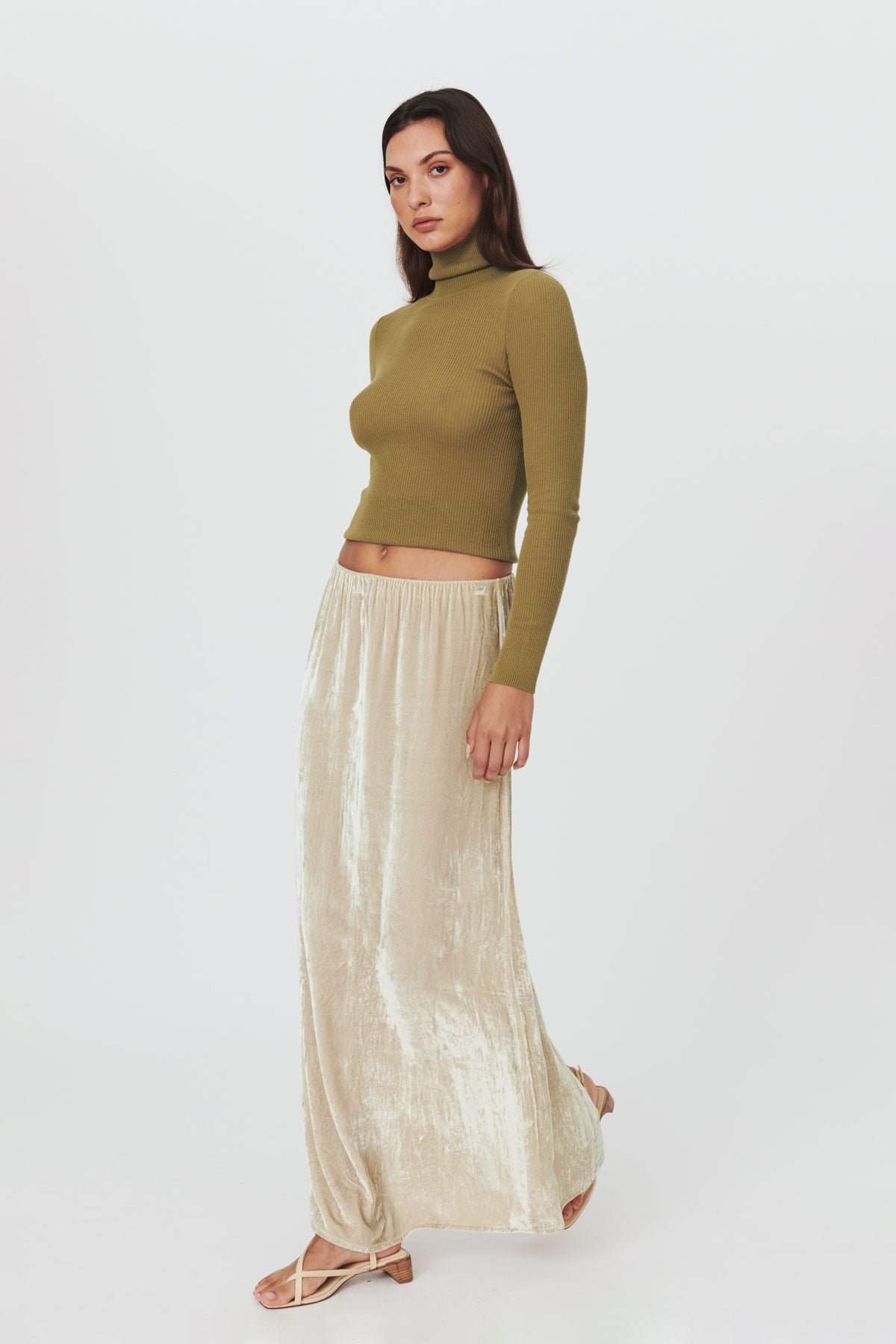 ROWIE The Label Robbie Silk Velvet Maxi Skirt Silver Birch Bottoms