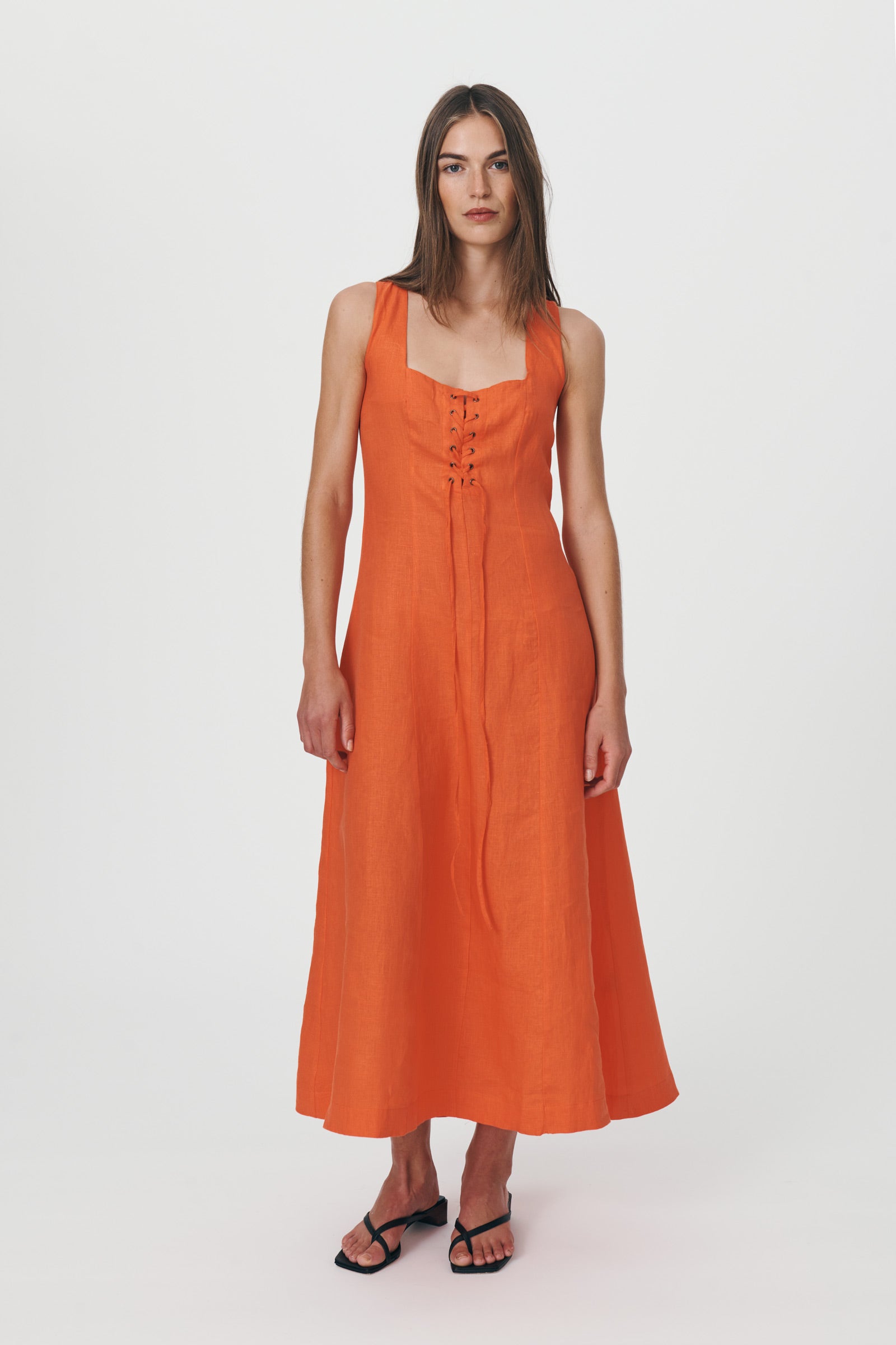 Amelia Ruched Mini Linen Dress in Rust Orange - Vasiliki