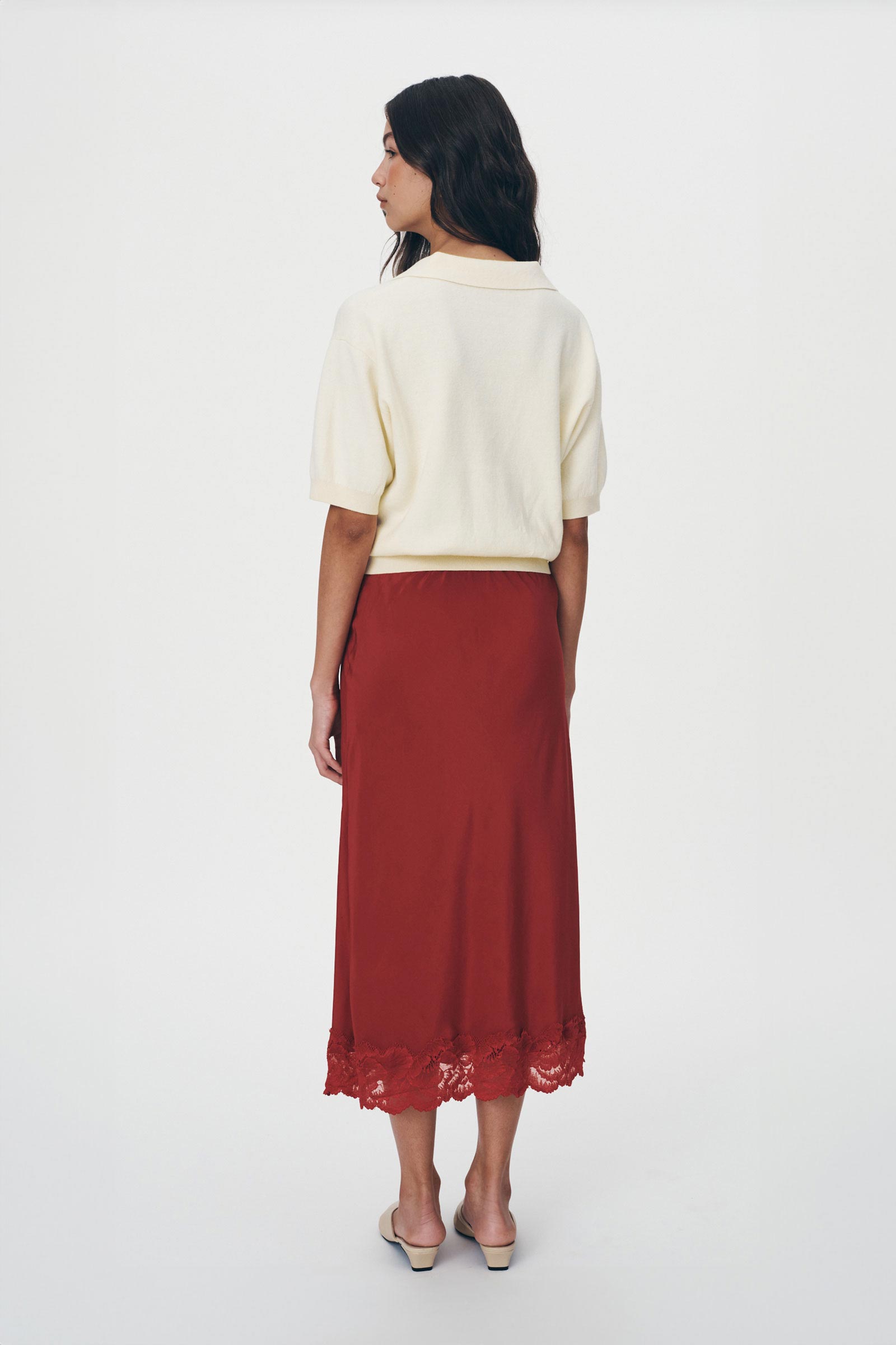 Marina Silk Midi Skirt in Burgundy ROWIE Skirts