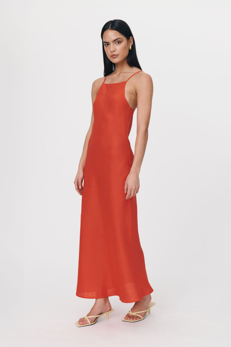 ROWIE The Label - Trina Linen Slip Dress Aperol Red - Dresses